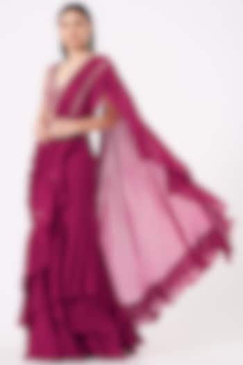 Fuchsia Embroidered Pre-Draped Saree Set by Sana Barreja