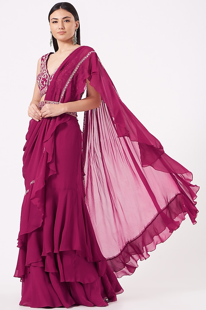 Fuchsia Embroidered Pre-Draped Saree Set by Sana Barreja