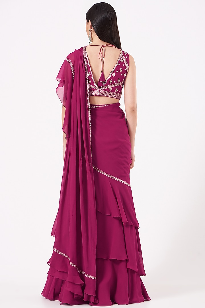 Fuchsia Embroidered Pre-Draped Wedding Saree Set by Sana Barreja at Pernia's Pop Up Shop