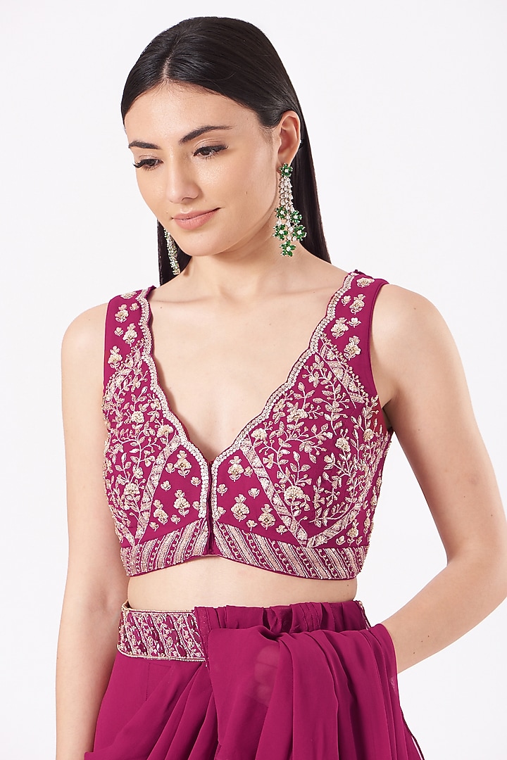 Fuchsia Embroidered Pre-Draped Wedding Saree Set by Sana Barreja at Pernia's Pop Up Shop