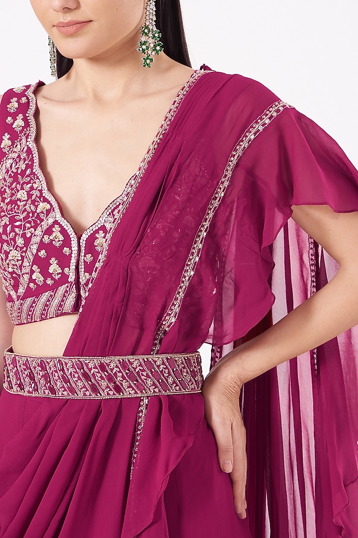 Fuchsia Embroidered Pre-Draped Wedding Saree Set by Sana Barreja at Pernia's Pop Up Shop