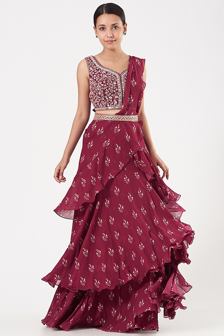Fuschia Pink Pre-Stitched Printed Layered Saree Set by Sana Barreja