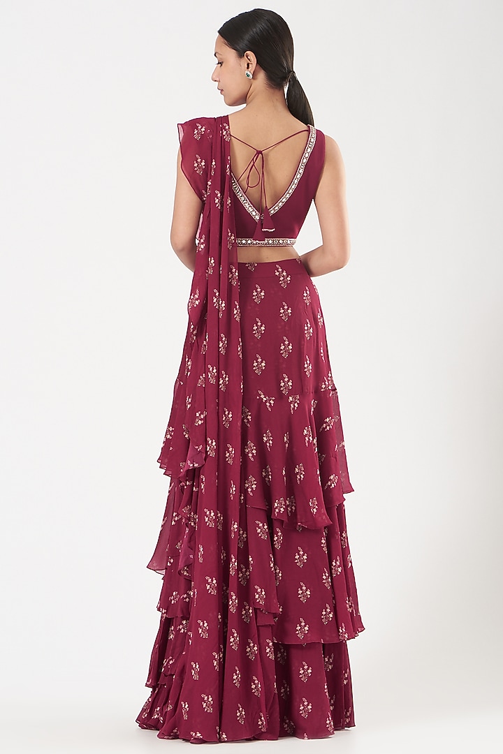 Fuschia Pink Georgette Pre-Stitched Printed Layered Wedding Saree by Sana Barreja at Pernia's Pop Up Shop