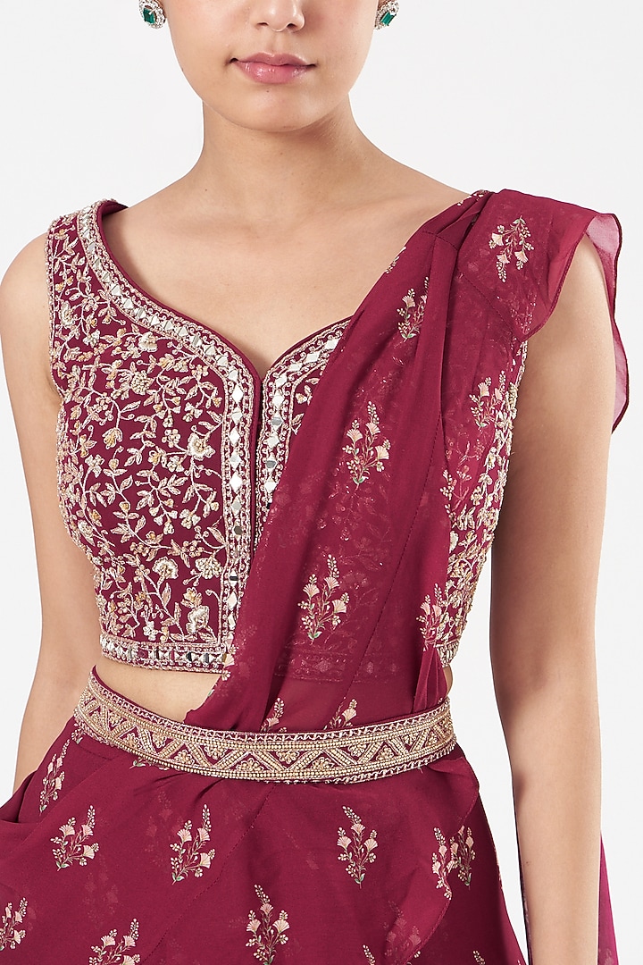 Fuschia Pink Georgette Pre-Stitched Printed Layered Wedding Saree by Sana Barreja at Pernia's Pop Up Shop