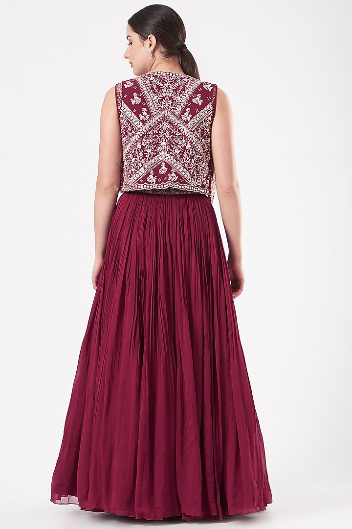 Fuschia Pink Georgette Embroidered Jacket Wedding Lehenga Set by Sana Barreja at Pernia's Pop Up Shop