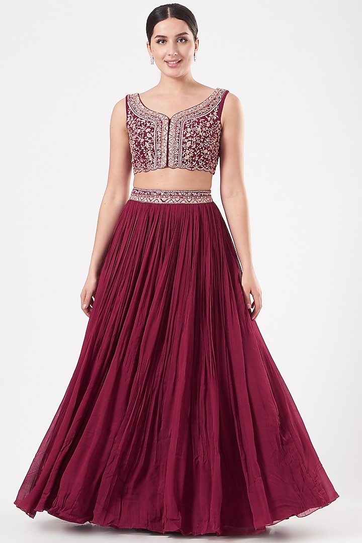 Fuschia Pink Georgette Embroidered Jacket Wedding Lehenga Set by Sana Barreja at Pernia's Pop Up Shop