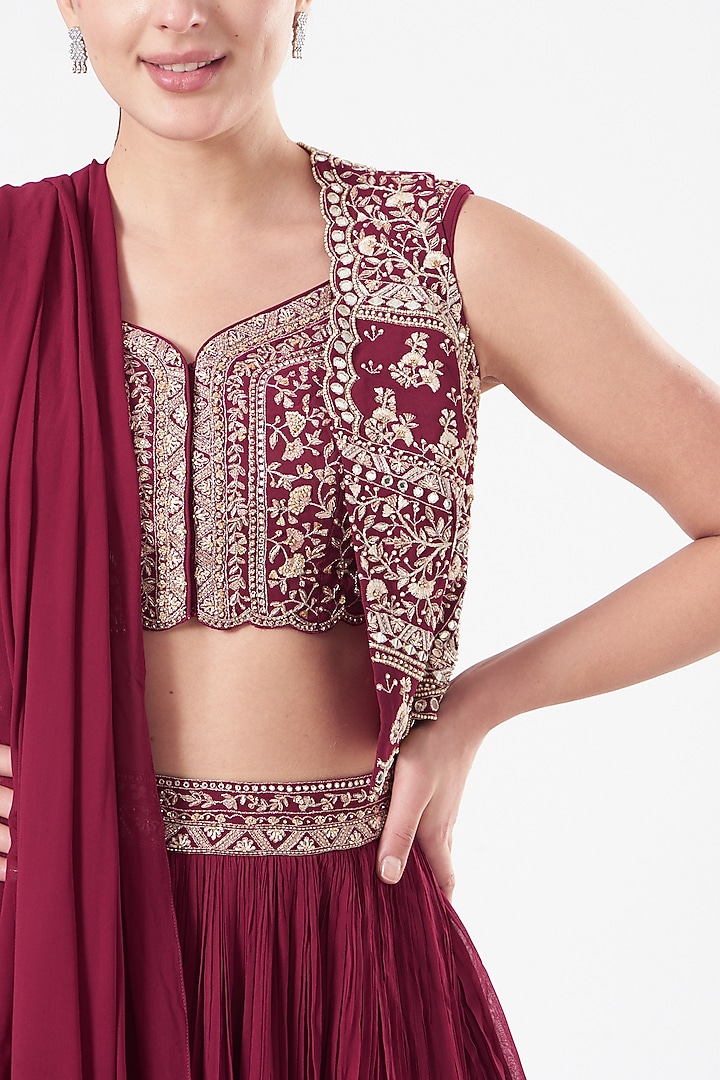 Fuschia Pink Georgette Embroidered Jacket Wedding Lehenga Set by Sana Barreja at Pernia's Pop Up Shop