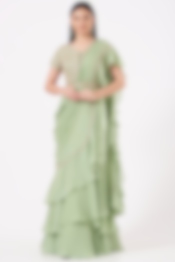 Mint Green Embroidered Pre-Draped Saree Set by Sana Barreja