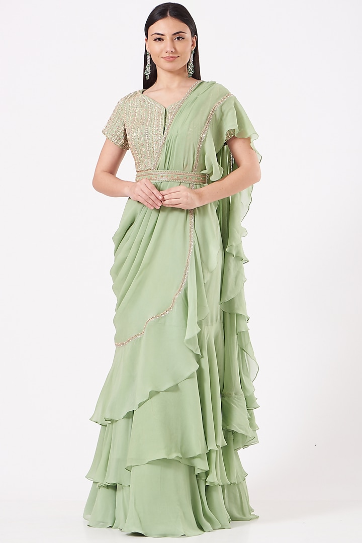 Mint Green Georgette Zardosi Hand Embroidered Ruffled Pre-Draped Saree Set by Sana Barreja