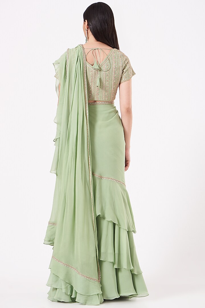 Mint Green Georgette Zardosi Hand Embroidered Ruffled Pre-Draped Wedding Saree Set by Sana Barreja at Pernia's Pop Up Shop