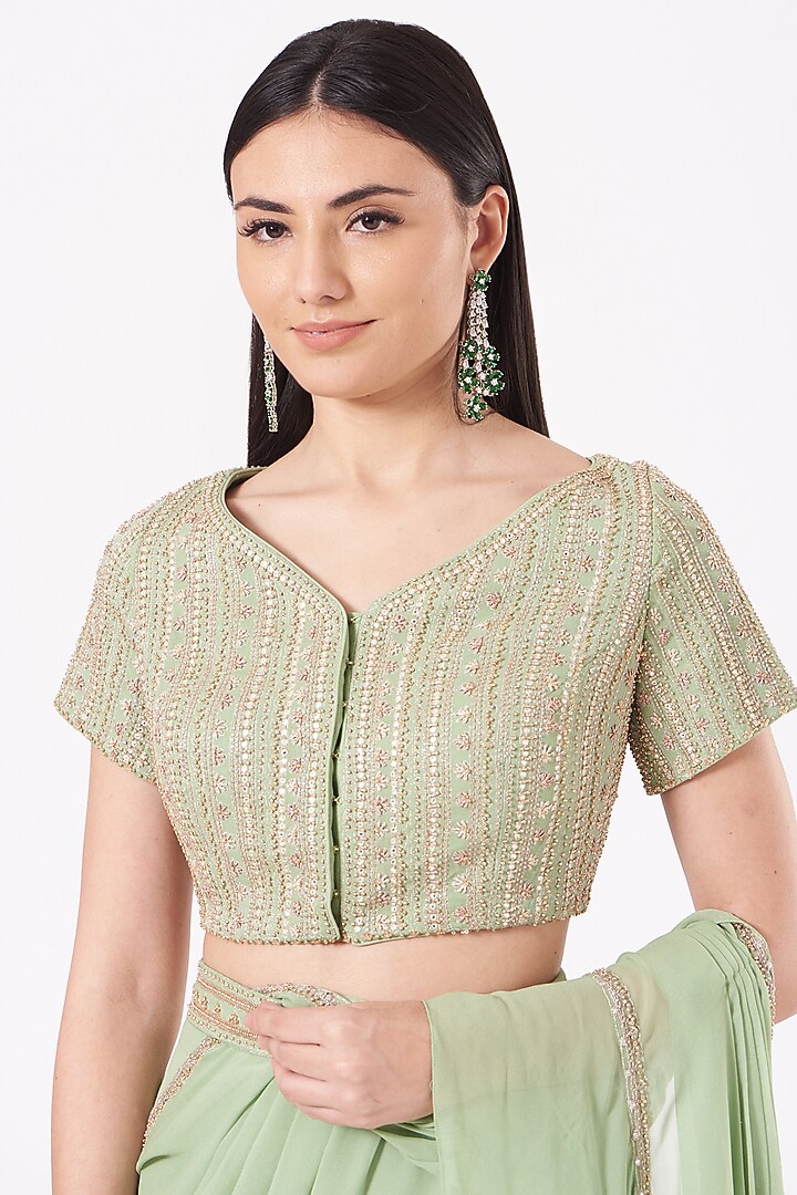 Mint Green Georgette Zardosi Hand Embroidered Ruffled Pre-Draped Wedding Saree Set by Sana Barreja at Pernia's Pop Up Shop