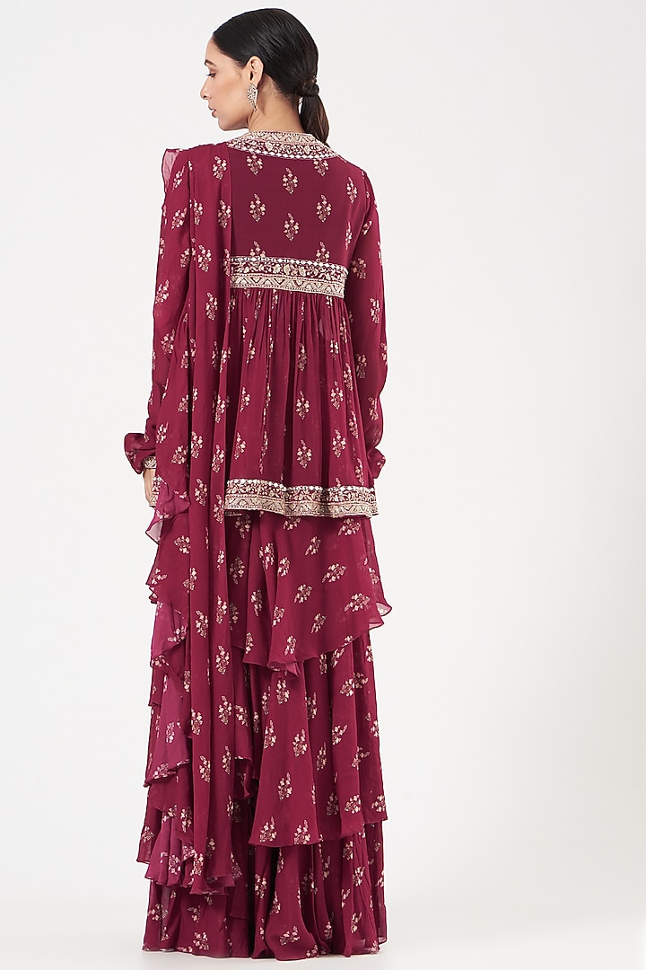 Fuschia Pink Georgette Printed Layered Jacket Wedding Saree Set by Sana Barreja at Pernia's Pop Up Shop