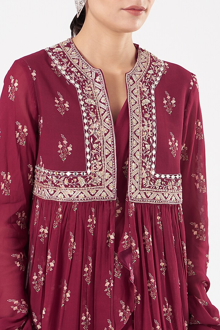 Fuschia Pink Georgette Printed Layered Jacket Wedding Saree Set by Sana Barreja at Pernia's Pop Up Shop