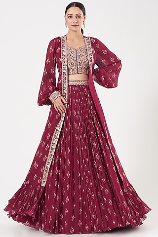 Fuschia Pink Georgette Embroidered cape Set by Sana Barreja