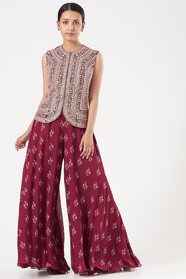 Fuschia Pink Georgette Embroidered Jacket Set by Sana Barreja at Pernia's Pop Up Shop