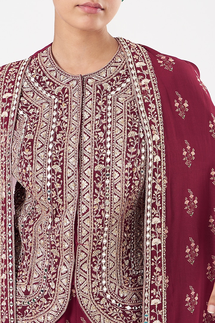 Fuschia Pink Georgette Embroidered Jacket Set by Sana Barreja at Pernia's Pop Up Shop