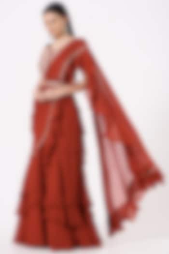 Red Georgette Hand Embroidered Ruffled Pre-Draped Saree Set by Sana Barreja