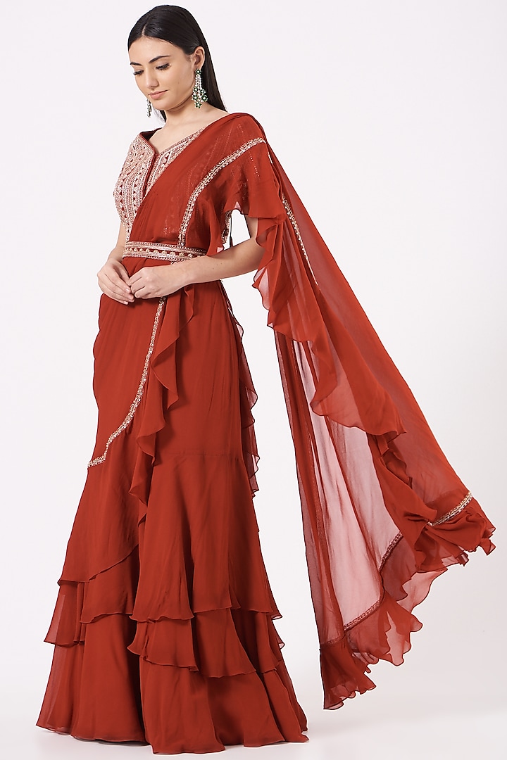 Red Georgette Hand Embroidered Ruffled Pre-Draped Saree Set by Sana Barreja