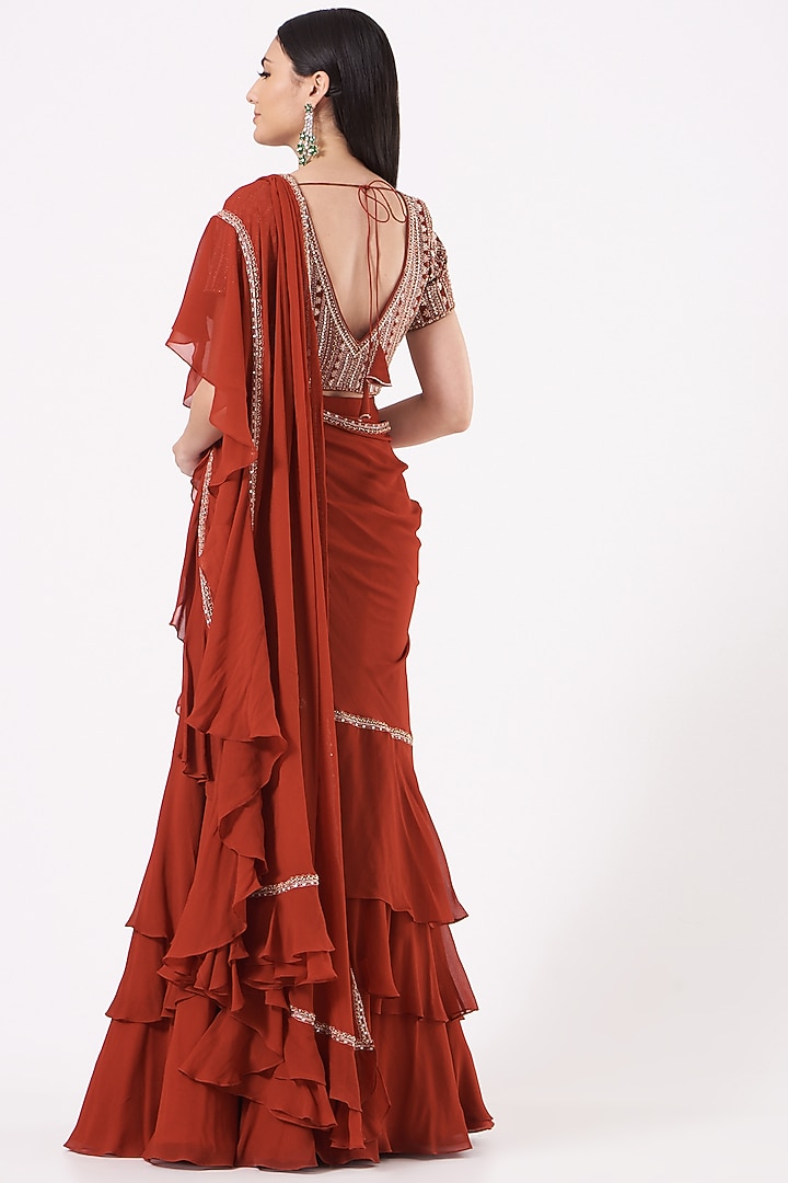 Red Georgette Hand Embroidered Ruffled Pre-Draped Wedding Saree Set by Sana Barreja at Pernia's Pop Up Shop