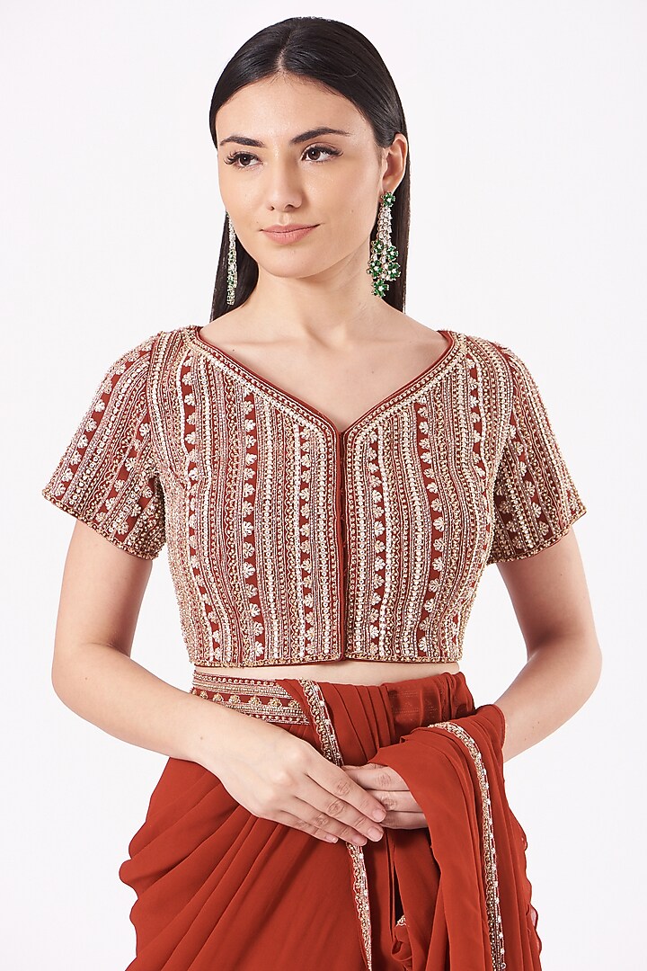 Red Georgette Hand Embroidered Ruffled Pre-Draped Wedding Saree Set by Sana Barreja at Pernia's Pop Up Shop