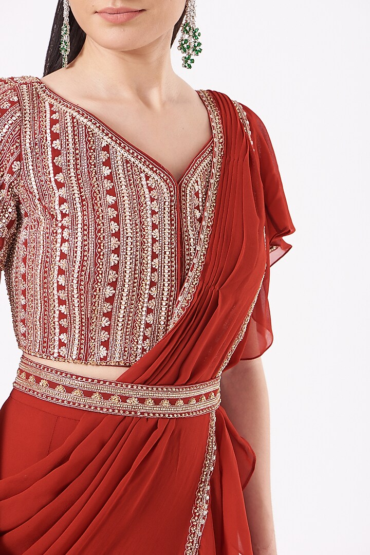 Red Georgette Hand Embroidered Ruffled Pre-Draped Wedding Saree Set by Sana Barreja at Pernia's Pop Up Shop