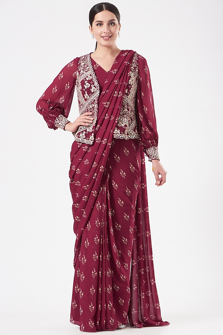 Fuschia Pink Georgette Printed Pre-Stitched Saree Set by Sana Barreja