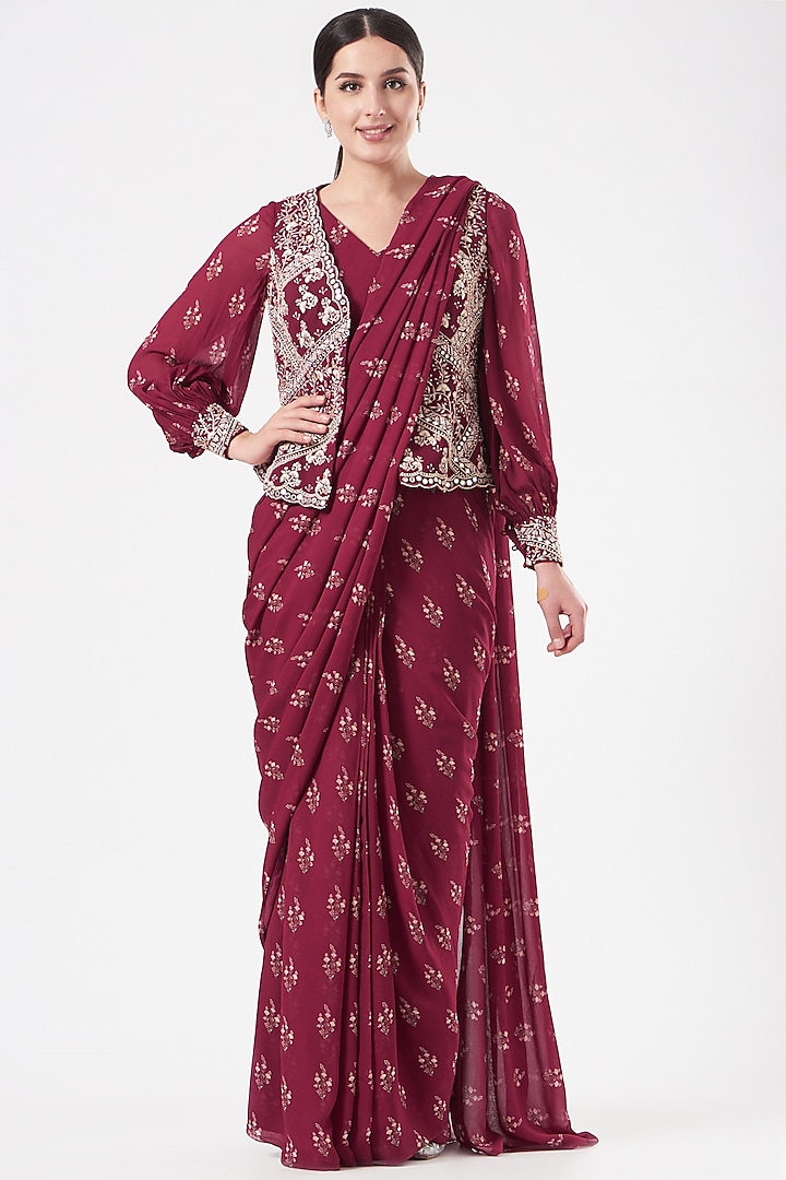 Fuschia Pink Georgette Printed Pre-Stitched Saree Set by Sana Barreja at Pernia's Pop Up Shop