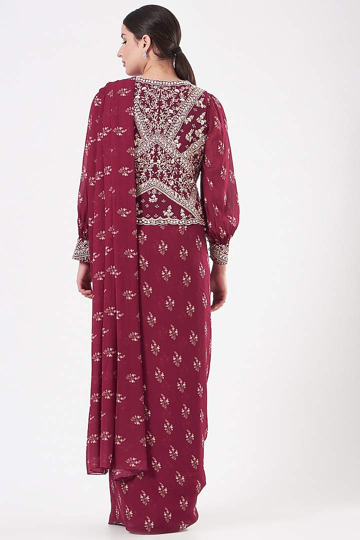 Fuschia Pink Georgette Printed Pre-Stitched Wedding Saree Set by Sana Barreja at Pernia's Pop Up Shop