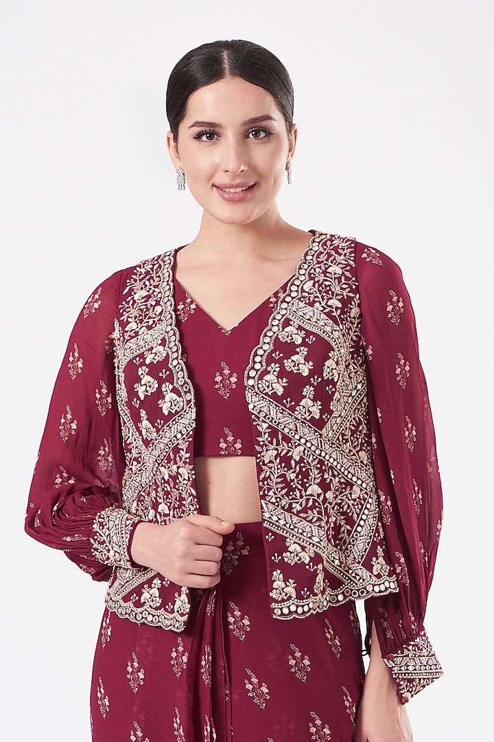 Fuschia Pink Georgette Printed Pre-Stitched Wedding Saree Set by Sana Barreja at Pernia's Pop Up Shop