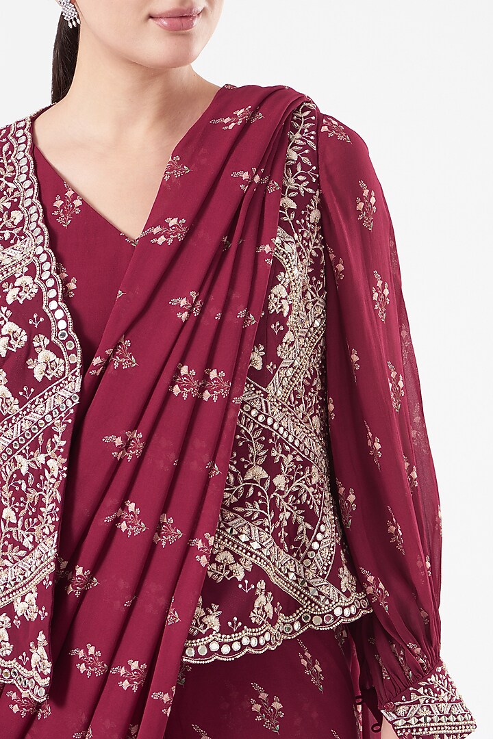 Fuschia Pink Georgette Printed Pre-Stitched Wedding Saree Set by Sana Barreja at Pernia's Pop Up Shop