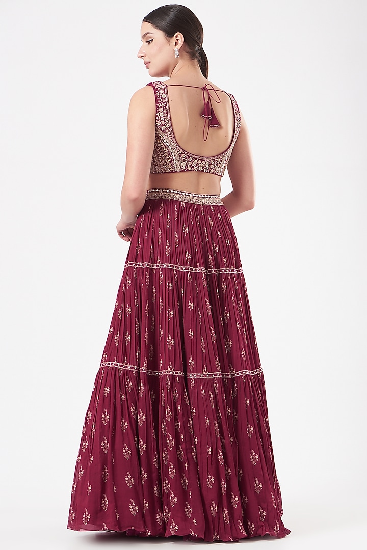 Fuschia Pink Georgette Printed Wedding Lehenga Set by Sana Barreja at Pernia's Pop Up Shop