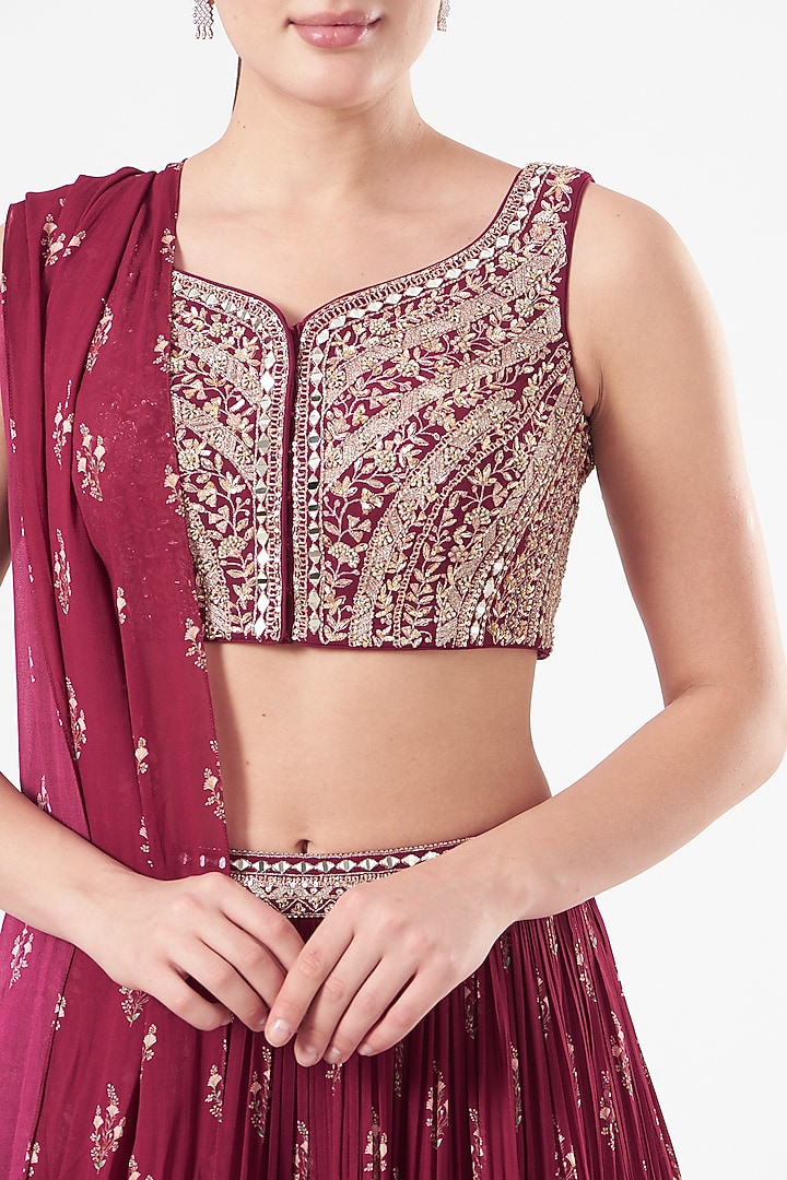 Fuschia Pink Georgette Printed Wedding Lehenga Set by Sana Barreja at Pernia's Pop Up Shop