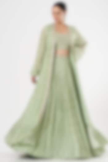 Mint Green Georgette Embroidered Jacket Wedding Lehenga Set by Sana Barreja at Pernia's Pop Up Shop