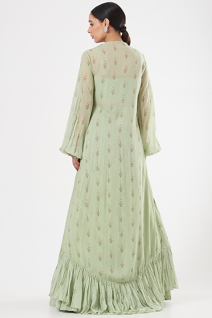 Mint Green Georgette Embroidered Jacket Wedding Lehenga Set by Sana Barreja at Pernia's Pop Up Shop