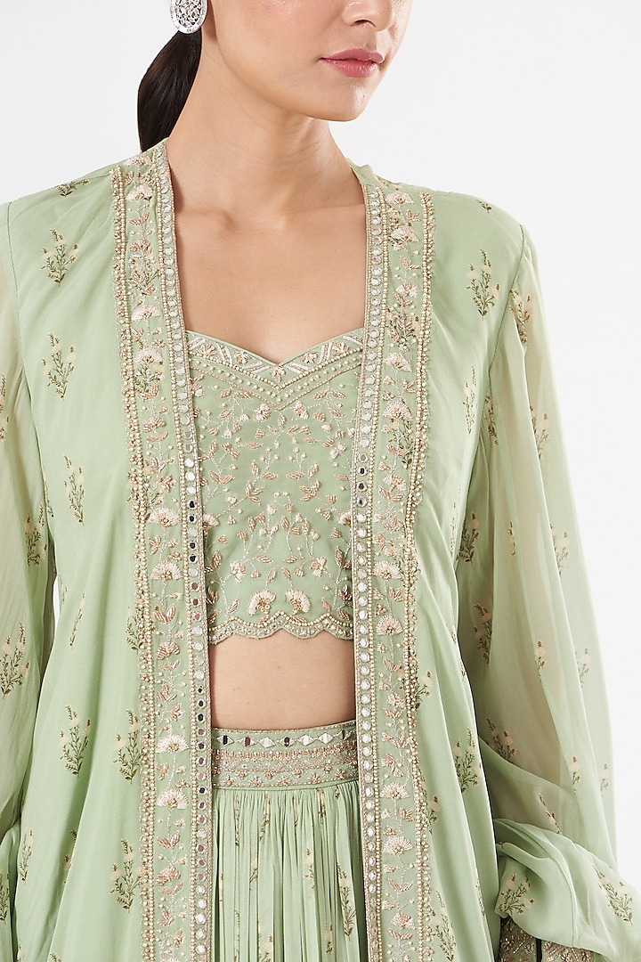 Mint Green Georgette Embroidered Jacket Wedding Lehenga Set by Sana Barreja at Pernia's Pop Up Shop