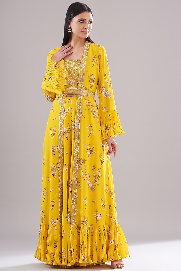 Yellow Georgette Printed & Embroidered Jacket Set by Sana Barreja