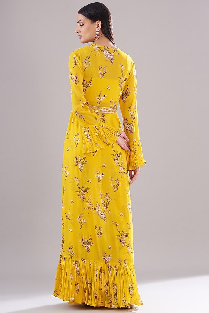 Yellow Georgette Printed & Embroidered Jacket Set by Sana Barreja at Pernia's Pop Up Shop