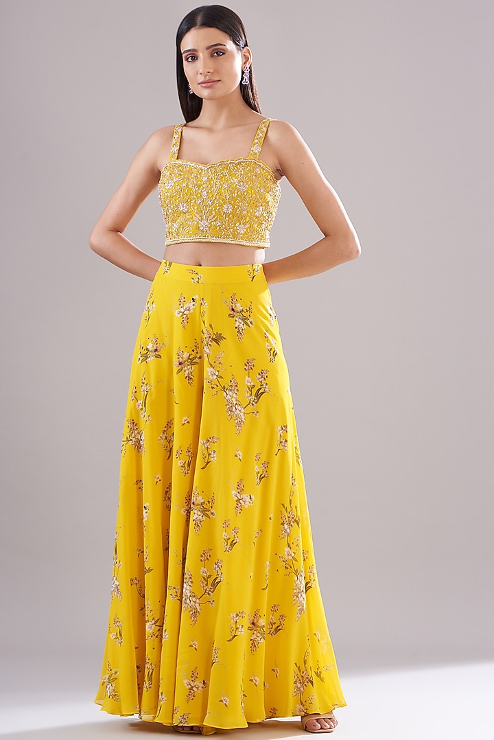 Yellow Georgette Printed & Embroidered Jacket Set by Sana Barreja at Pernia's Pop Up Shop
