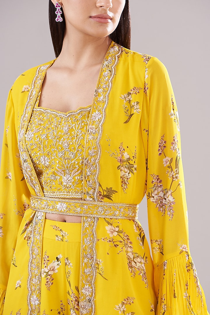 Yellow Georgette Printed & Embroidered Jacket Set by Sana Barreja at Pernia's Pop Up Shop
