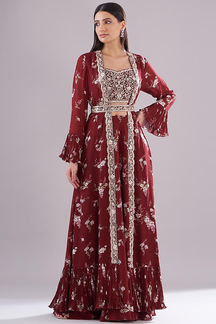 Maroon Georgette Printed Jacket Set by Sana Barreja