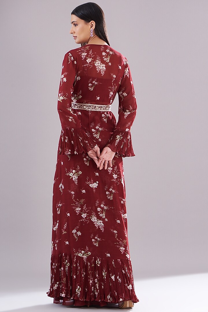 Maroon Georgette Printed Jacket Set by Sana Barreja at Pernia's Pop Up Shop