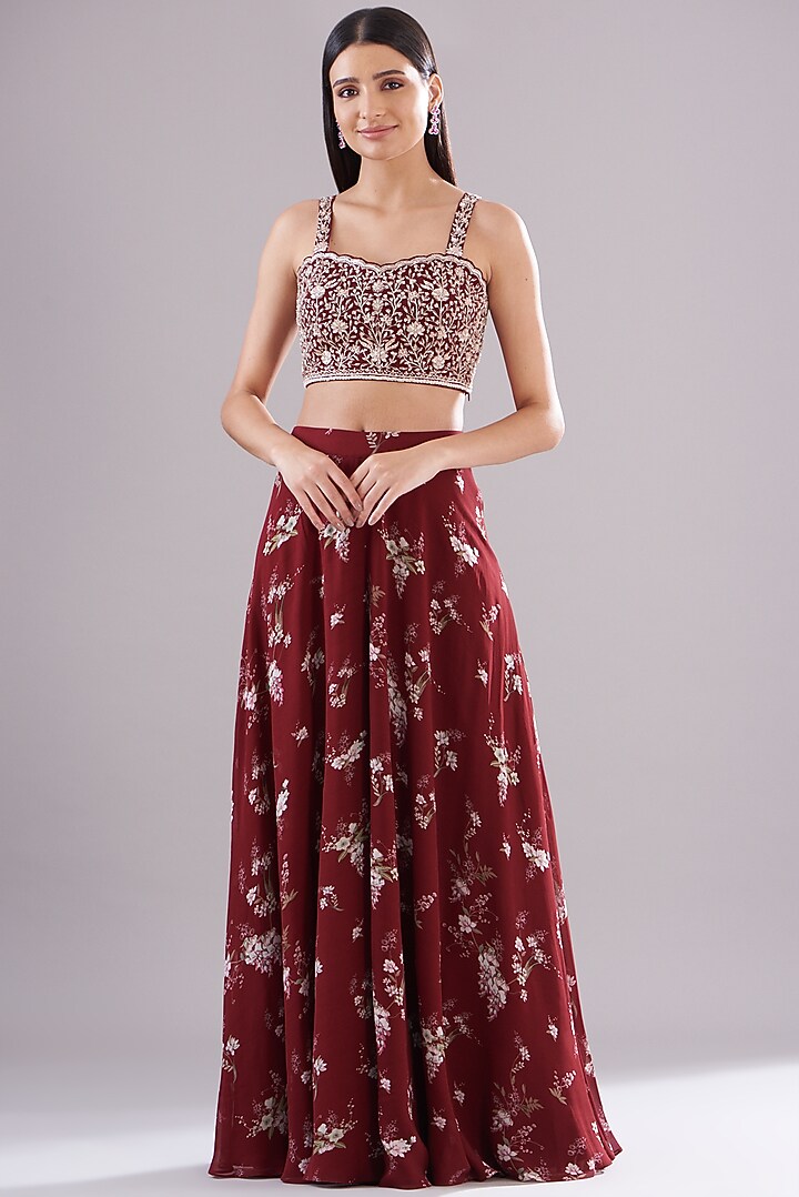 Maroon Georgette Printed Jacket Set by Sana Barreja at Pernia's Pop Up Shop
