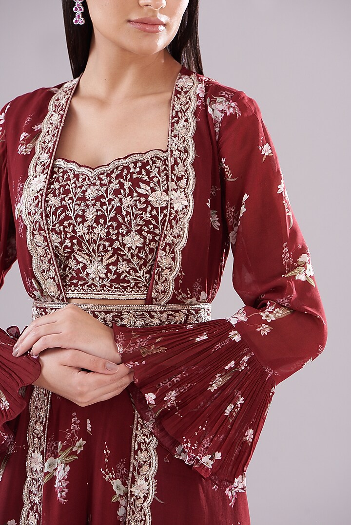 Maroon Georgette Printed Jacket Set by Sana Barreja at Pernia's Pop Up Shop