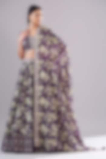 Purple Chanderi Silk Paisley Printed Wedding Lehenga Set by Sana Barreja at Pernia's Pop Up Shop
