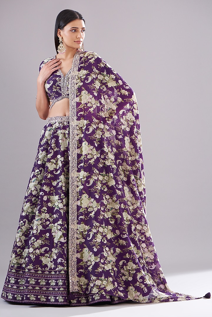Purple Chanderi Silk Paisley Printed Wedding Lehenga Set by Sana Barreja at Pernia's Pop Up Shop
