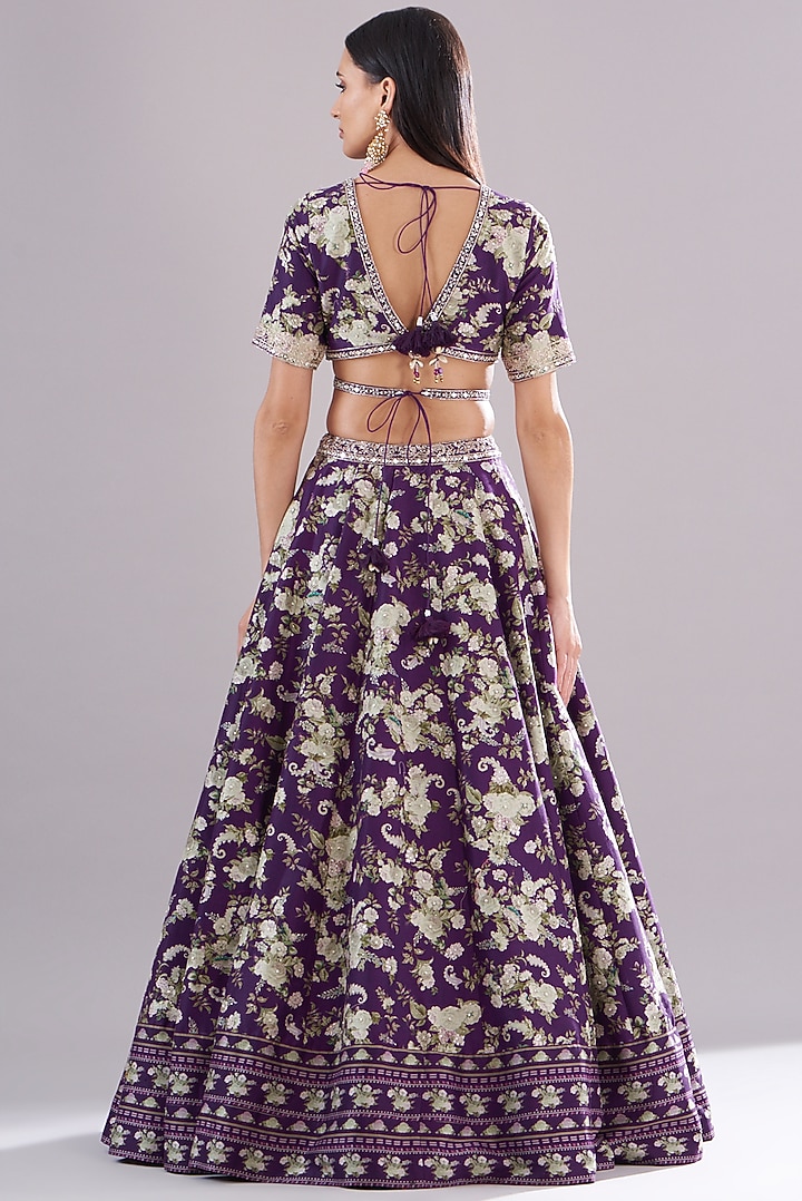 Purple Chanderi Silk Paisley Printed Wedding Lehenga Set by Sana Barreja at Pernia's Pop Up Shop