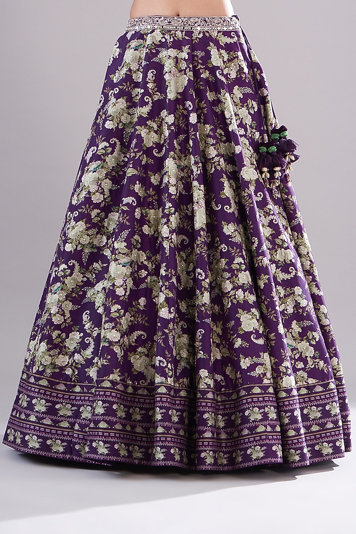 Purple Chanderi Silk Paisley Printed Wedding Lehenga Set by Sana Barreja at Pernia's Pop Up Shop