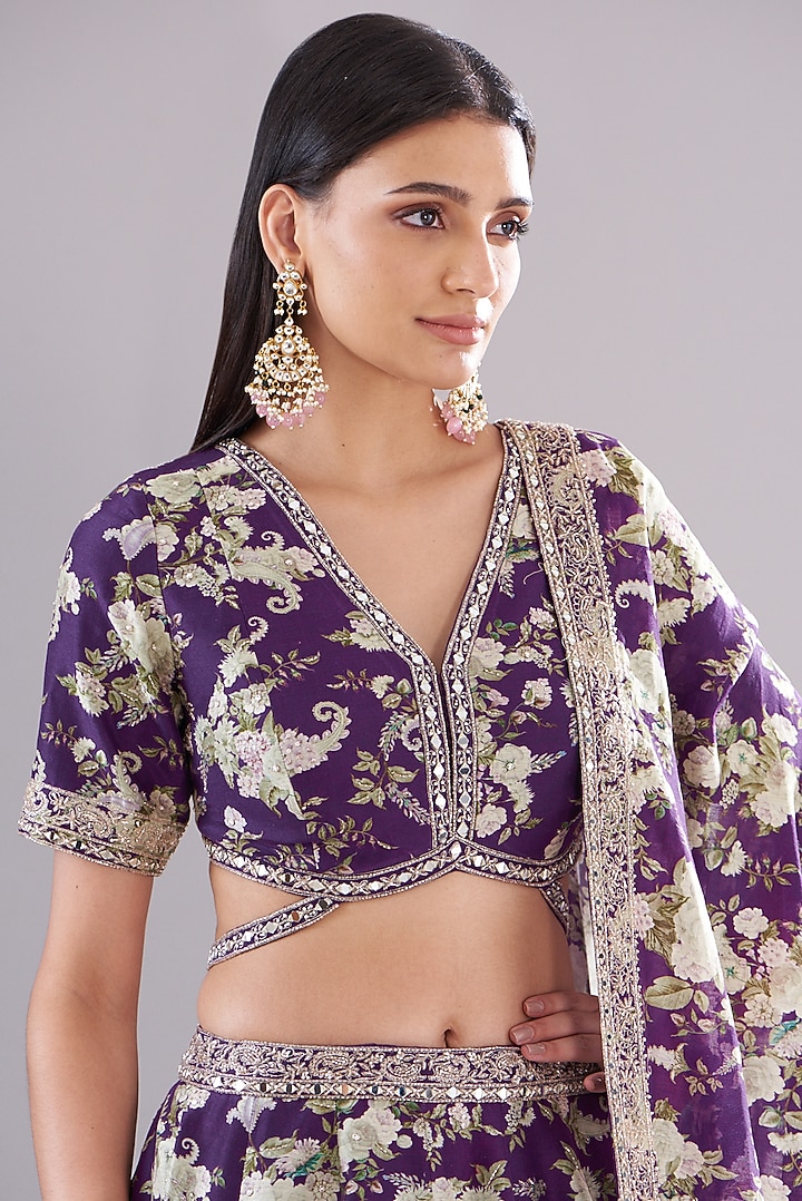 Purple Chanderi Silk Paisley Printed Wedding Lehenga Set by Sana Barreja at Pernia's Pop Up Shop