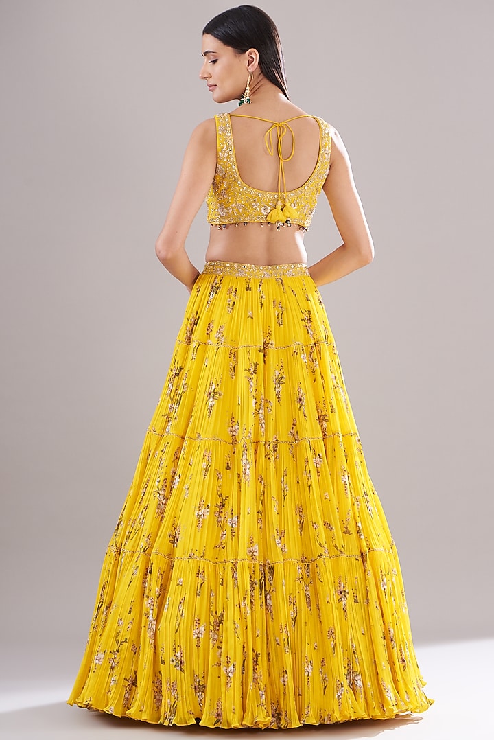 Yellow Georgette Printed Tiered Wedding Lehenga Set by Sana Barreja at Pernia's Pop Up Shop
