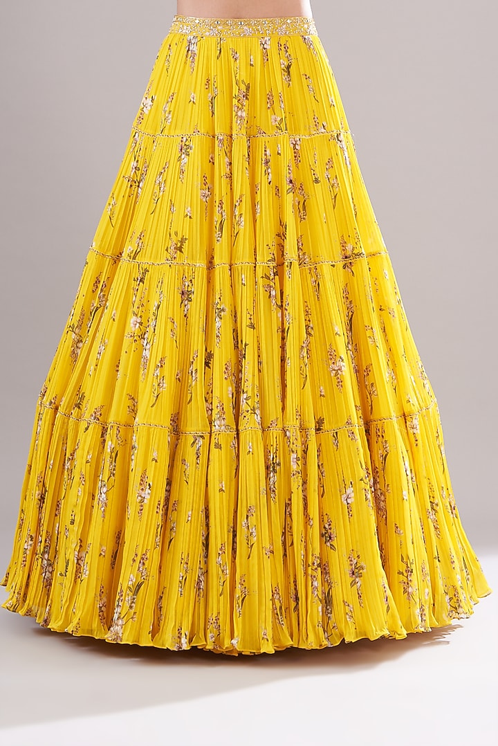 Yellow Georgette Printed Tiered Wedding Lehenga Set by Sana Barreja at Pernia's Pop Up Shop